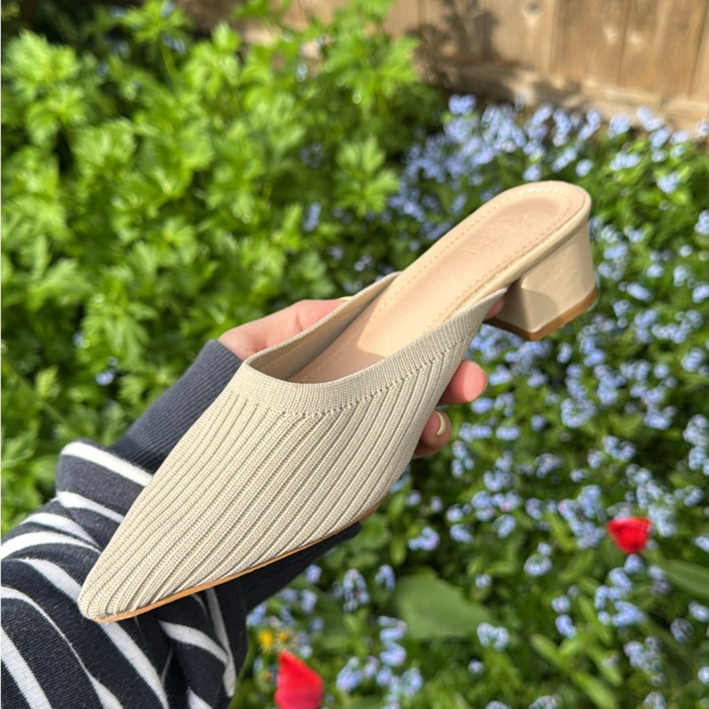Cream Textured Mules with Chunky Heel
